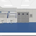 Modern Laboratory Interior With Blue Flooring White Walls Linear Ceiling Lights Lab Benches And Refrigerators
