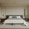 Modern Bedroom Interior With Gray Headboard Large Bed White Quilt Floor-to-ceiling Window And Green Plants