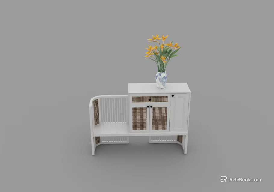 White Entryway Cabinet Sideboard With Wicker Doors And Vase Of Yellow Flowers 3d model 