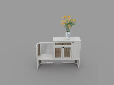 White Entryway Cabinet Sideboard With Wicker Doors And Vase Of Yellow Flowers 3d model