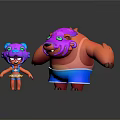 Cute Purple Cartoon Characters Big And Small With Green Eyes Blue Shorts And Yellow Dress