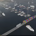 Scenic Marina Landscape With Numerous Docked Yachts And Colorful Long Walkway