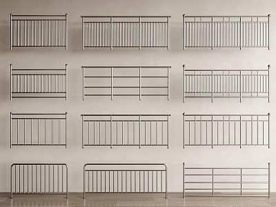 Metal Railings In Various Designs Displayed On Wall And Floor 3d model