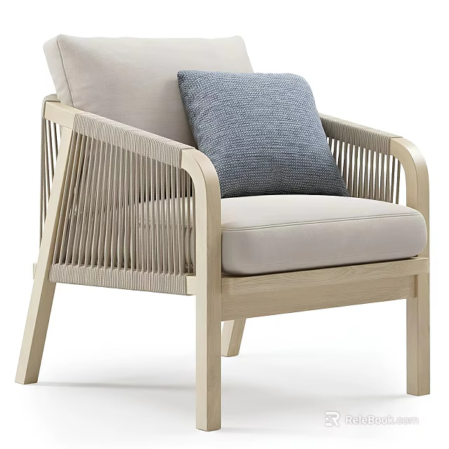 Modern Accent Chair With Wooden Frame Rattan Weaving And Gray Cushion 3d model 