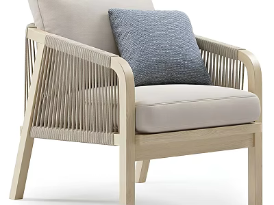 Modern Accent Chair With Wooden Frame Rattan Weaving And Gray Cushion 3d model