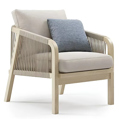 Modern Accent Chair With Wooden Frame Rattan Weaving And Gray Cushion 3d model