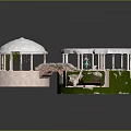 Circular Architectural Structure With White Domes Connecting Bridge Green Vines Staircase And Small Pond