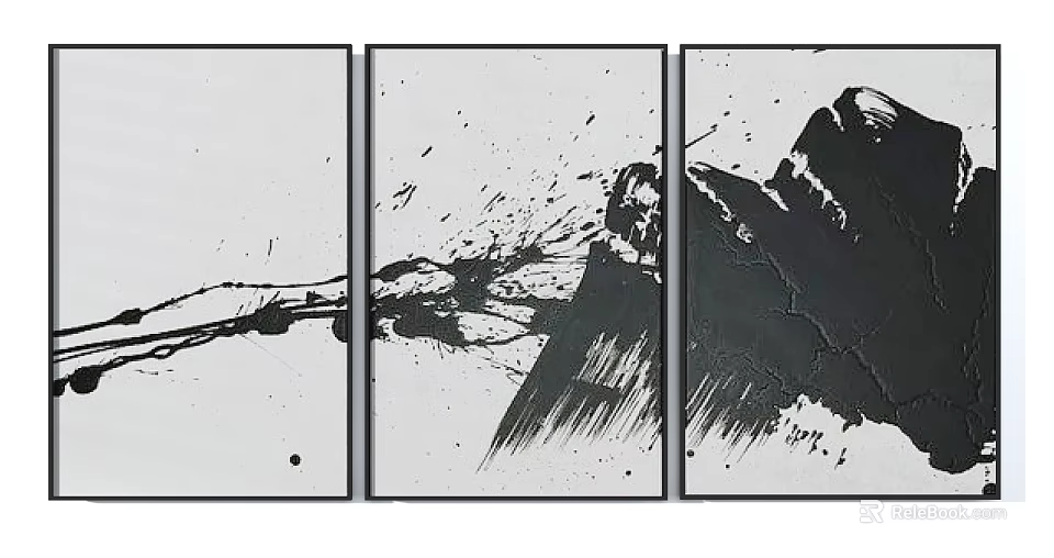 Three Panel Abstract Wall Art With Black White Ink Splatter And Brush Strokes 3d model 