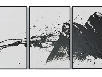 Three Panel Abstract Wall Art With Black White Ink Splatter And Brush Strokes 3d model