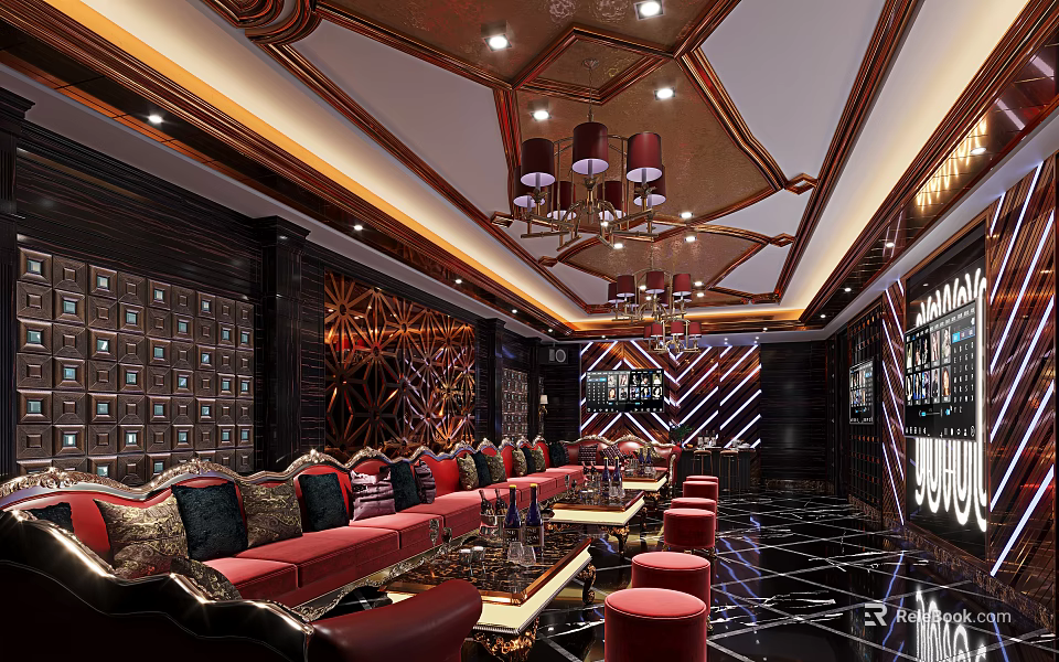 Luxury KTV Lounge Interior With Elegant Decor Red Sofas Chandeliers And Wall Patterns 3d model 