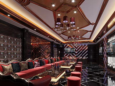 Luxury KTV Lounge Interior With Elegant Decor Red Sofas Chandeliers And Wall Patterns 3d model
