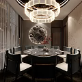 Modern Private Dining Room Interior With Round Table Chandelier And Red Chairs 3d model