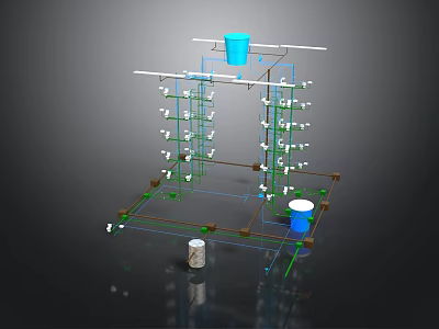 Industrial Metal Frame Structure with Pipes Blue Barrels and White Components 3d model
