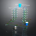 Industrial Metal Frame Structure with Pipes Blue Barrels and White Components
