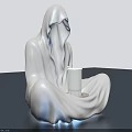 White Ceramic Hooded Figure Sculpture With Seated Pose And Lit Candle
