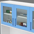Blue White Laboratory Workbench With Glass Cabinet Doors Sink Faucet Warning Signs And Reagent Bottles