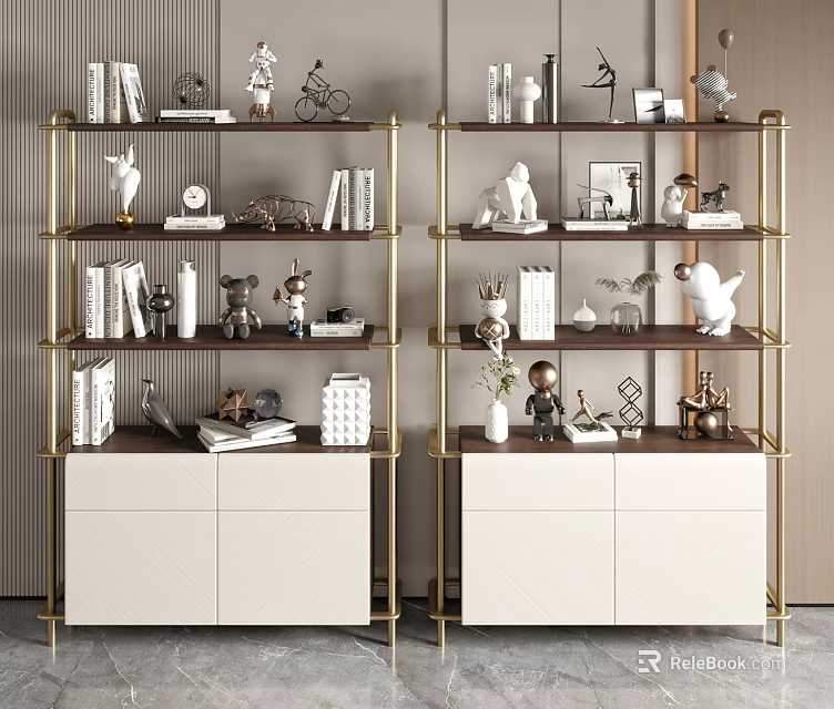 Modern Metal Frame Bookcase With White Cabinet Doors Books And Decorative Ornaments 3d model 