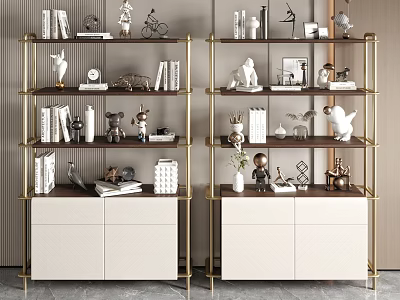 Modern Metal Frame Bookcase With White Cabinet Doors Books And Decorative Ornaments 3d model
