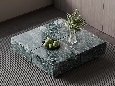 Green Marble Coffee Table with Green Fruits Black Bowl and Glass Vase Holding Green Plants 3d model