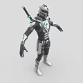 Futuristic Game Movie Character in Black Silver Armor with Blue Accents and Sword