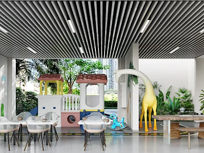 Modern Hotel Public Lounge Interior With Kids Play Area Colorful Playhouse And Giraffe Decoration 3d model