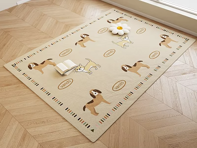 Cute Dog Patterned Square Area Rug Beige Colored with Decorative Elements on Wooden Floor 3d model