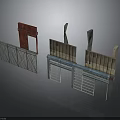 Scene Components Including Red Door Metal Fence Grid Gates And Wall Panels