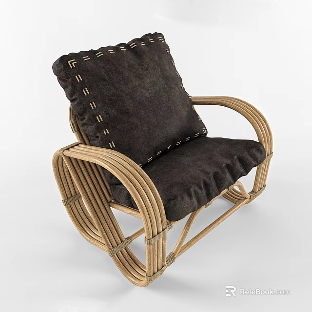 Comfortable Leisure Chair With Rattan Frame Dark Brown Cushion And Stitched Details 3d model 