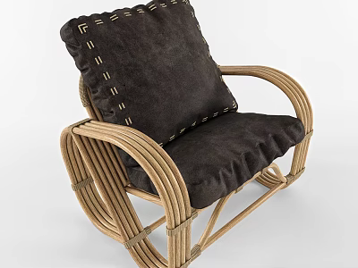 Comfortable Leisure Chair With Rattan Frame Dark Brown Cushion And Stitched Details 3d model