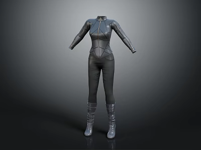 Stylish Black Fitted Full Length Bodysuit With High Boots Modern Outfit Design 3d model