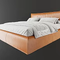 Modern Double Bed With Brown Leather Frame Headboard And Light Bedding Pillows Throw Blanket 3d model