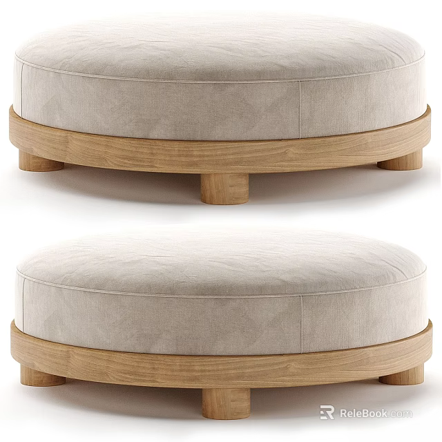 Modern Round Ottoman With Beige Upholstered Cushion And Wooden Base 3d model 