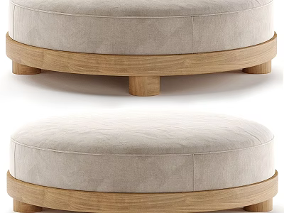 Modern Round Ottoman With Beige Upholstered Cushion And Wooden Base 3d model