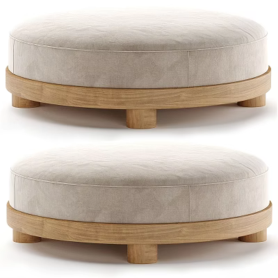 Modern Round Ottoman With Beige Upholstered Cushion And Wooden Base 3d model