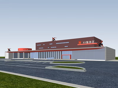 Modern Tourist Center Building With Red And Gray Exterior Parking Area And Lawn 3d model