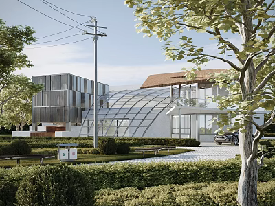 Modern Sales Office Building With Glass Structure Greenery Trees And Driveway 3d model