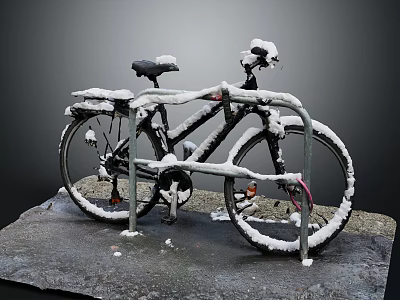 Snow Covered Bicycle Locked to Bike Rack on Snowy Ground 3d model