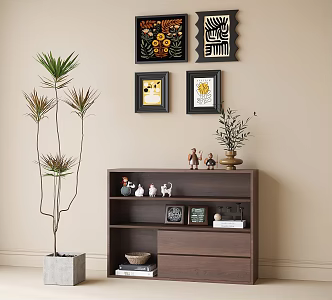 French Style Low Bookcase Side Cabinet Green Plant Potted Plant Hanging Painting Decorative Painting 3d model