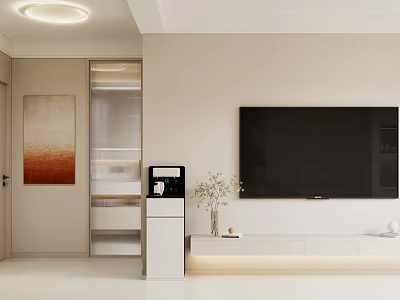 Modern Minimalist Living and Dining Room With Large TV Beige Walls And Decorative Painting 3d model