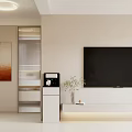 Modern Minimalist Living and Dining Room With Large TV Beige Walls And Decorative Painting