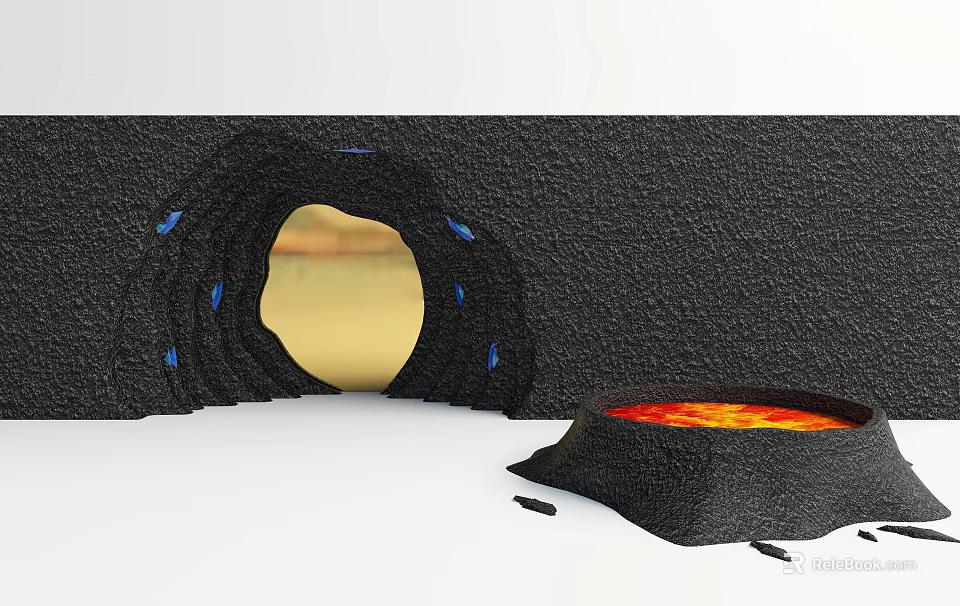 Shower Sauna Featuring Rock Structure Archway Entrance Yellow Interior Blue Lights Near Lava Pool 3d model 