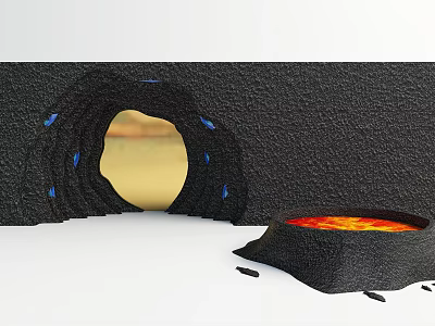 Shower Sauna Featuring Rock Structure Archway Entrance Yellow Interior Blue Lights Near Lava Pool 3d model