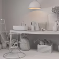 Wireframe Leisure Chair In Industrial Style Room With Gray Wall White Table And Green Plant