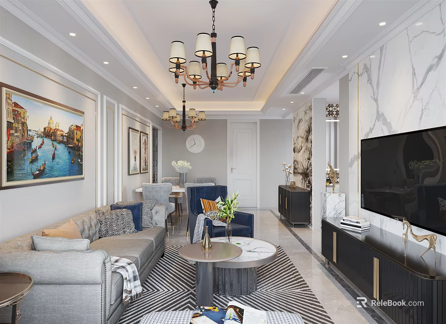 Elegant Modern Living Dining Room Interior With Chandelier Sofa And Marble Wall 3d model 
