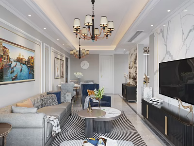 Elegant Modern Living Dining Room Interior With Chandelier Sofa And Marble Wall 3d model