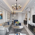 Elegant Modern Living Dining Room Interior With Chandelier Sofa And Marble Wall