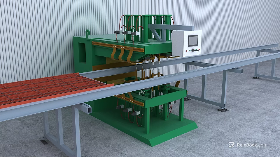 Green Industrial Equipment With Automated Conveyor Belt And Control Panel For Red Panels Processing 3d model