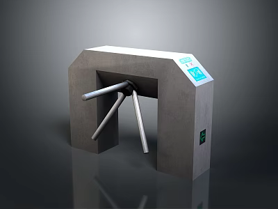 Gray Three Bar Turnstile With Silver Rotating Bars Blue Screen And Green Indicator Light 3d model