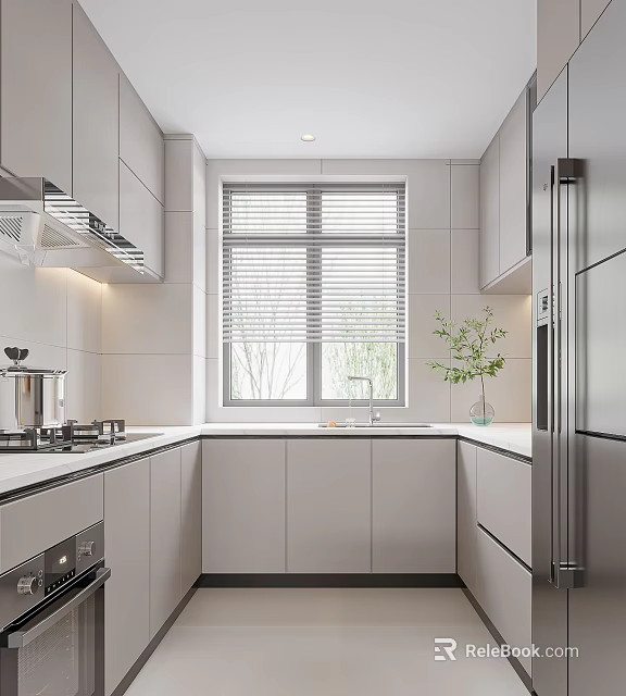 Modern Sleek Kitchen Interior With White Cabinets Window Blinds Stainless Steel Appliances And Green Plant 3d model 
