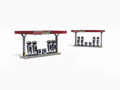Modern Gas Station Public Facility With Red Canopy And Fuel Dispensers 3d model